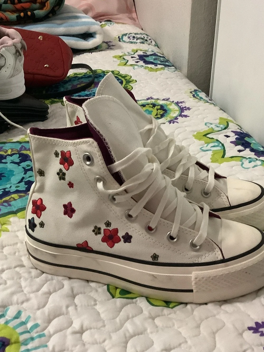 High-Top Floral Platform Canvas Sneakers - White with Red & Purple Flowers